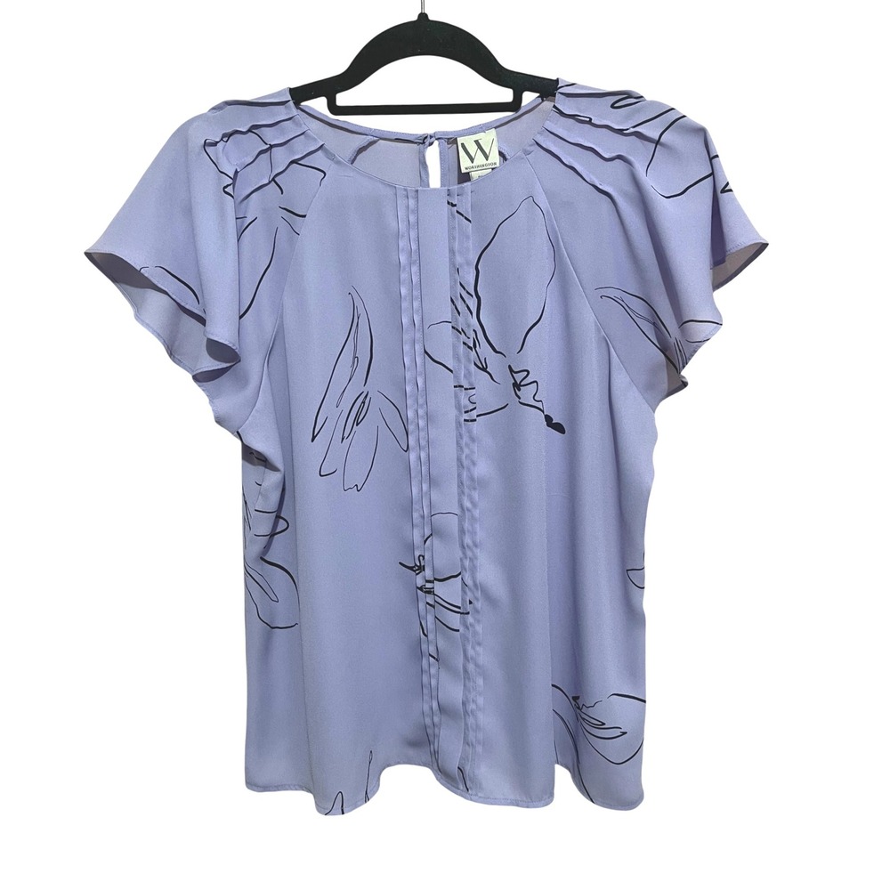 Worthington Blouse Floral Print Flutter Sleeve Career‎ Top Purple Petite M